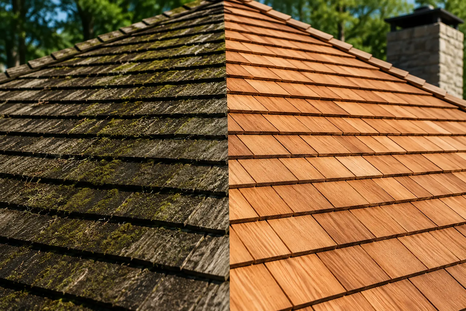Wood Shake Roof Cleaning Boca Raton 1 Before and after Wood Shake Roof Cleaning Boca Raton service removing moss, lichen, and organic buildup from a cedar shake roof